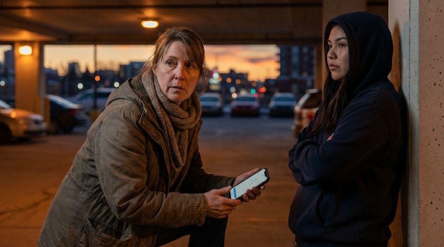Representational image &mdash; an anti-trafficking outreach worker using the Navigator with a young woman at dusk. Created to accompany the C01 scenario; not a real person.