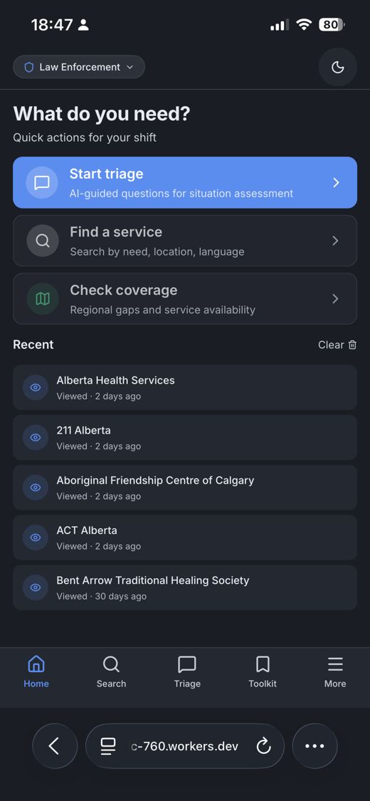 Integrated Pathways Navigator mobile app, Law Enforcement role &mdash; &lsquo;What do you need?&rsquo; quick actions (screen 1 of 4).